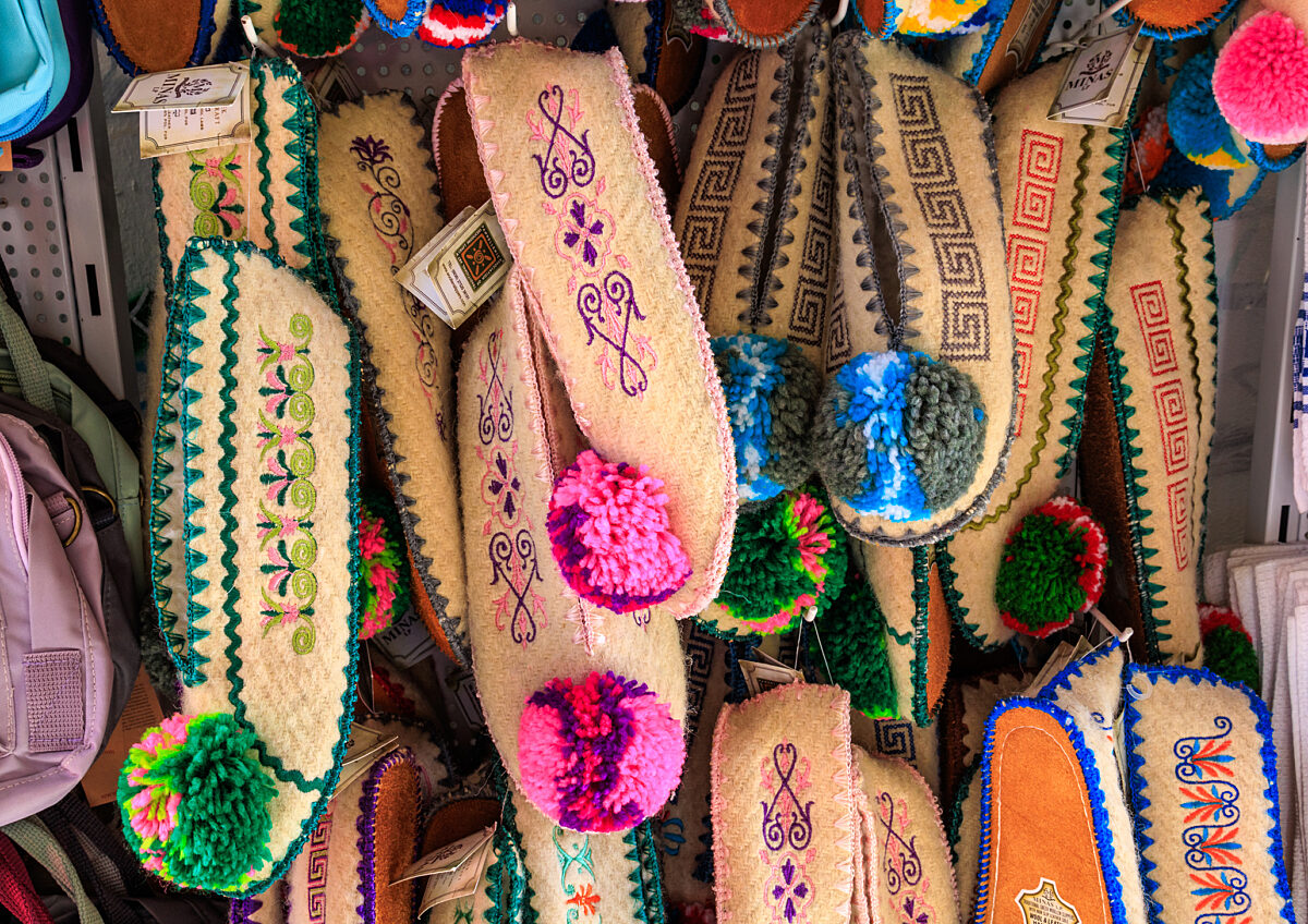 Traditional Greek slippers, known as tsarouchia for sale in Heraklion, Crete, Greece