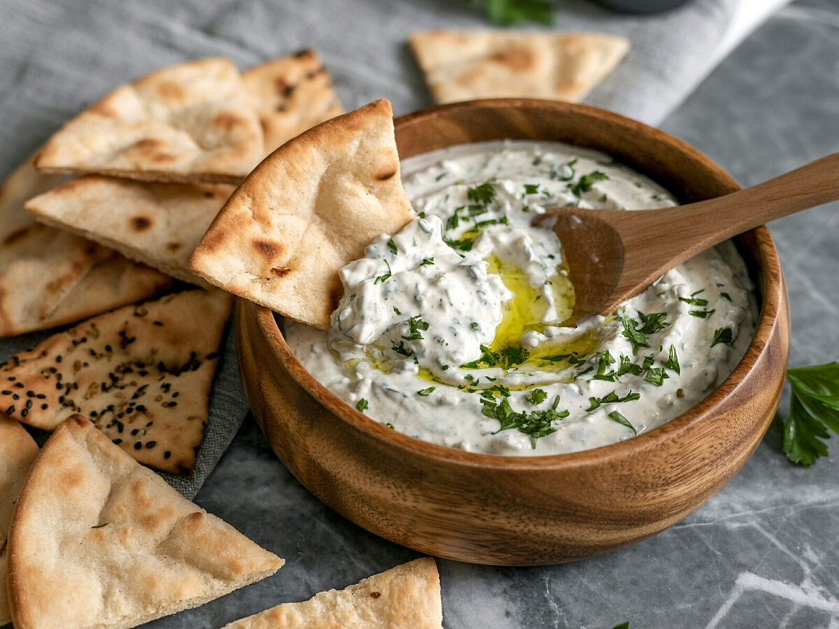 A delicious bowl of creamy tzatziki garnished with herbs and olive oil, served with pita bread on a marble table.